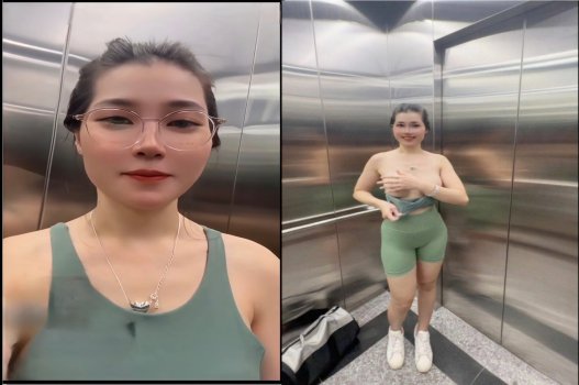 Lan Anh bú kẹo trong thang máy
